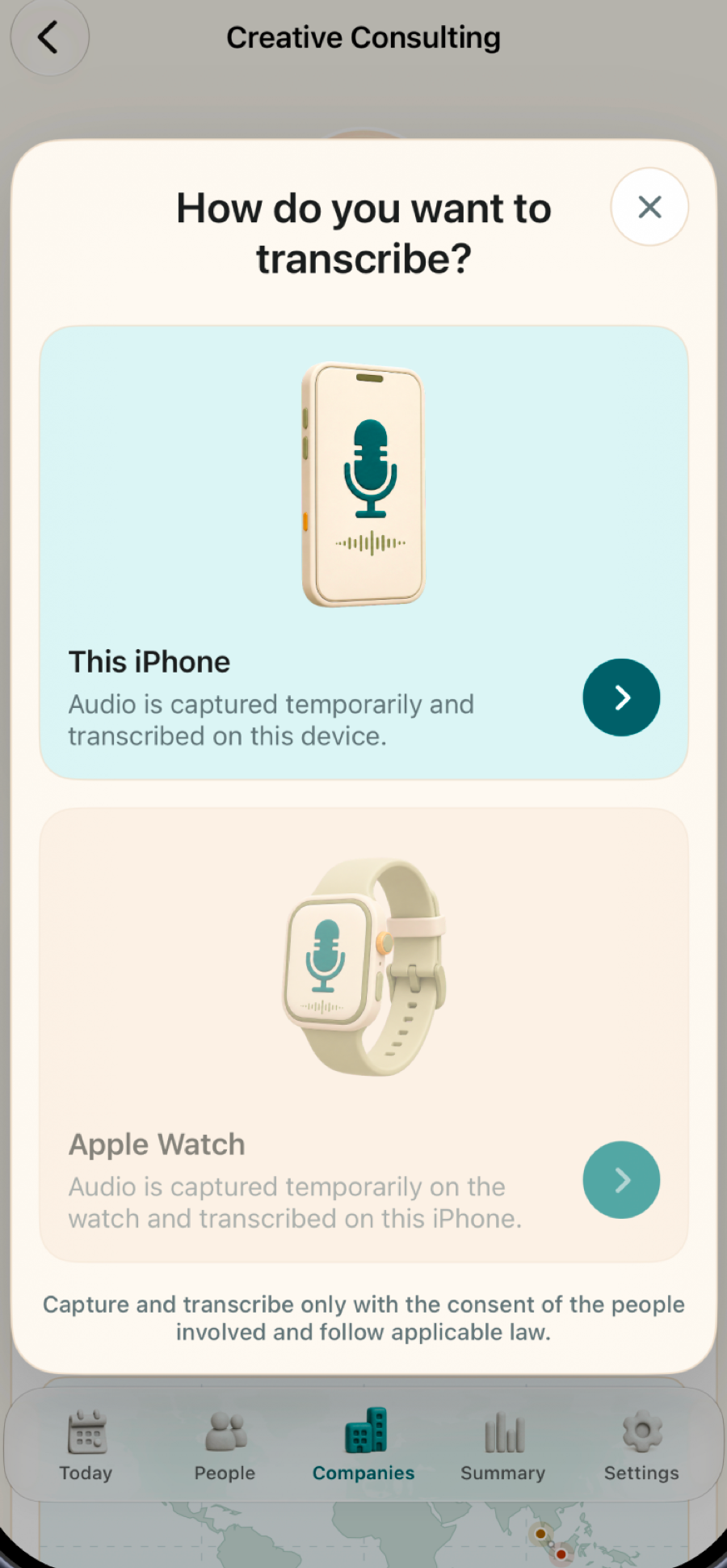 Loop on iPhone offering a choice between capturing the meeting on this iPhone or on Apple Watch
